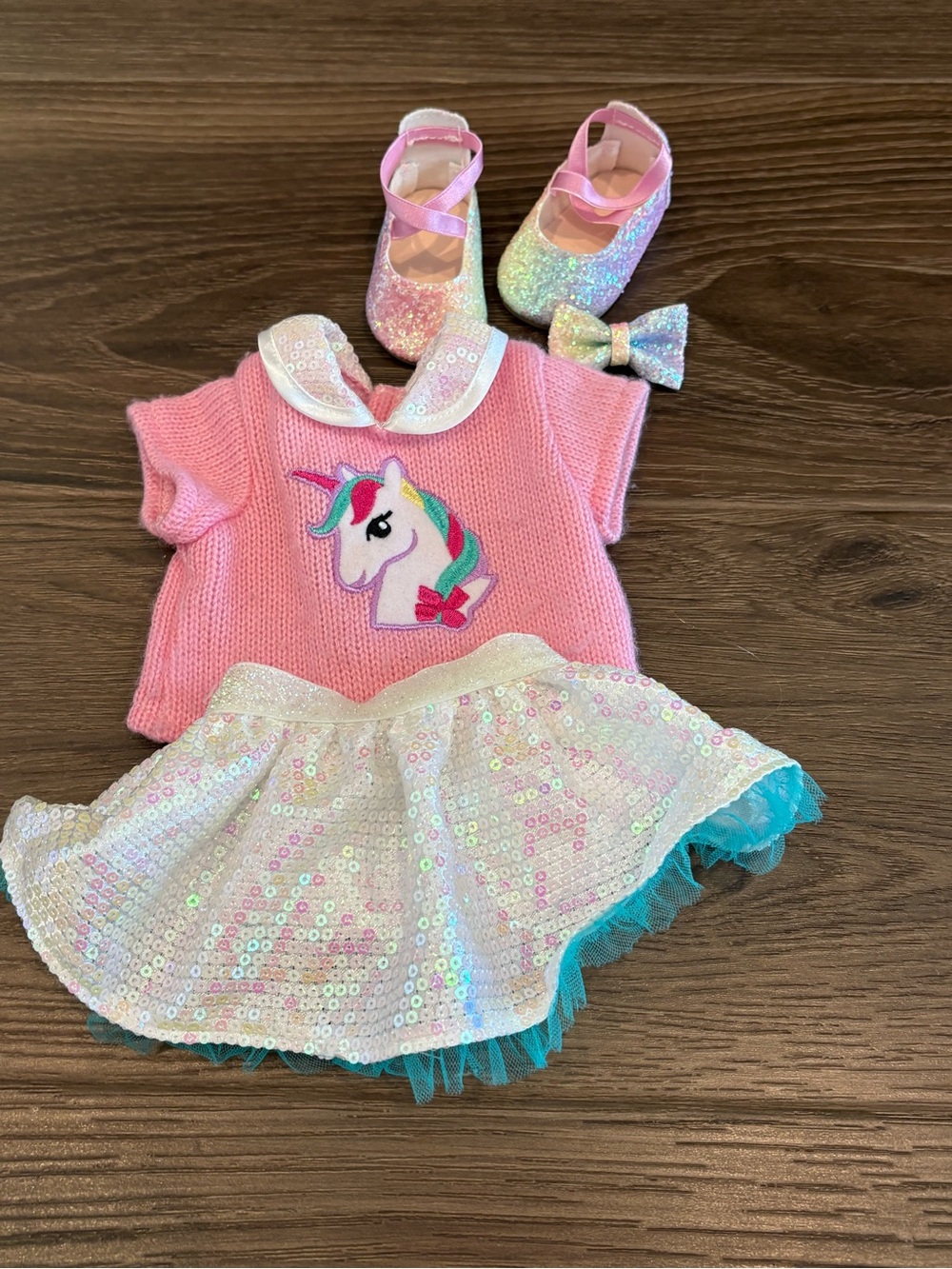 Pink Unicorn Knit Top with Sequin Skirt and Sparkle Shoes for American Girl